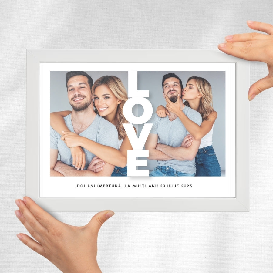 Cadou aniversare relatie - Tablou personalizat cu doua poze si text, format A4 - All The Love