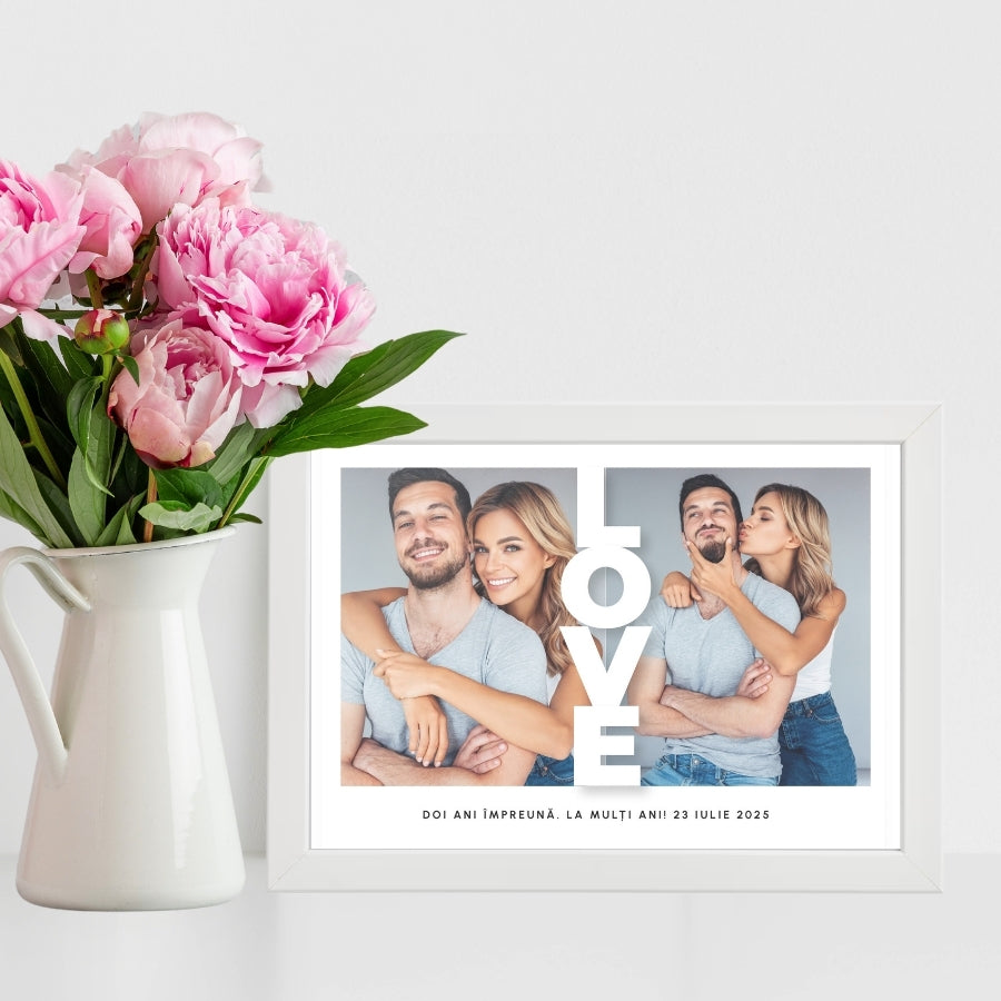 Cadou aniversare relatie - Tablou personalizat cu doua poze si text, format A4 - All The Love - decor cu flori