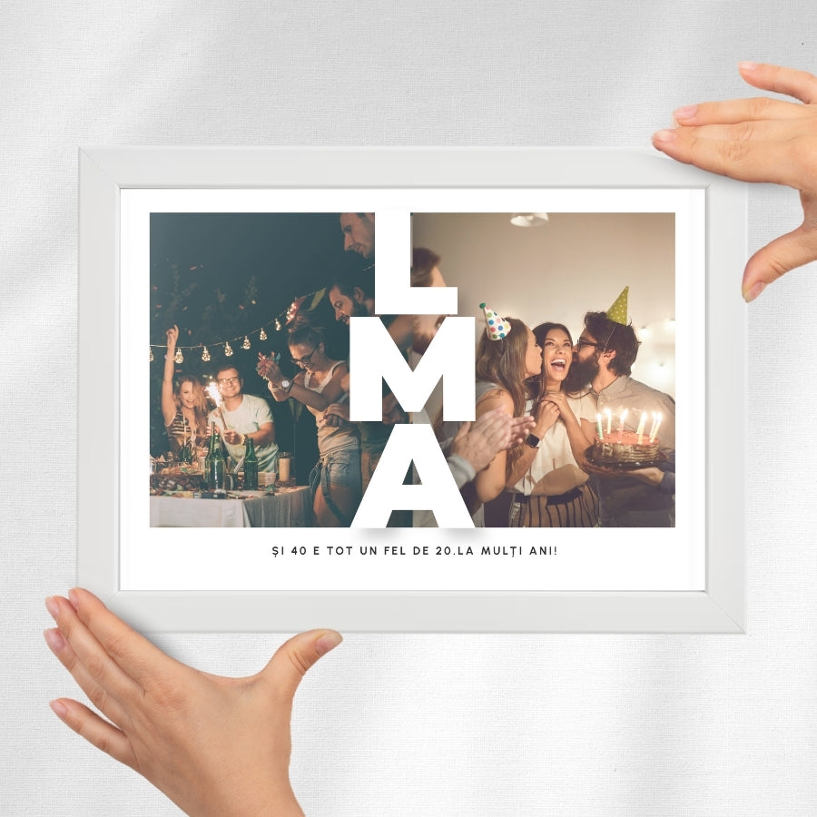 Cadou de zi de nastere pentru prieteni - Tablou personalizat cu doua poze si text, format A4 - La multi ani