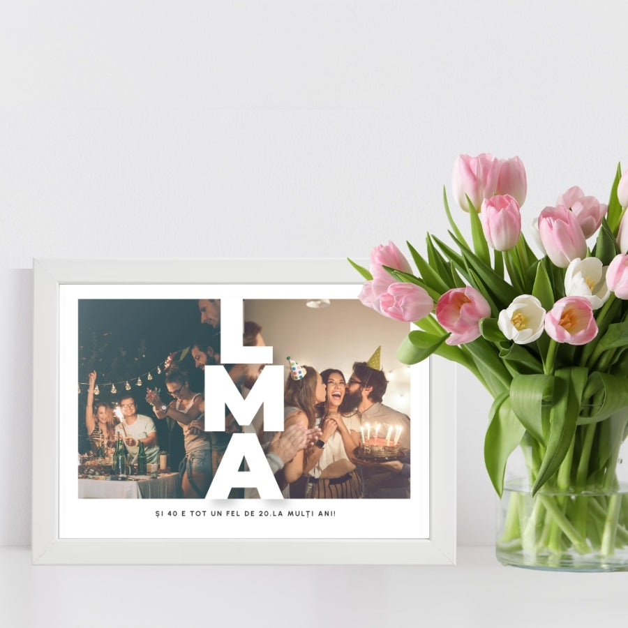 Cadou de zi de nastere pentru prieteni - Tablou personalizat cu doua poze si text, format A4 - La multi ani - decor cu flori