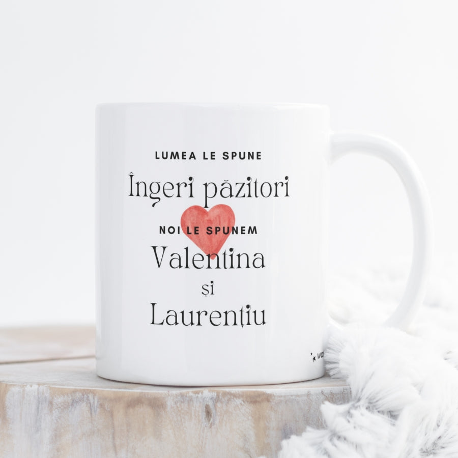 Cadou pentru nasii de cununie sau botez - Cana personalizata cu nume - Ingeri pazitori 1