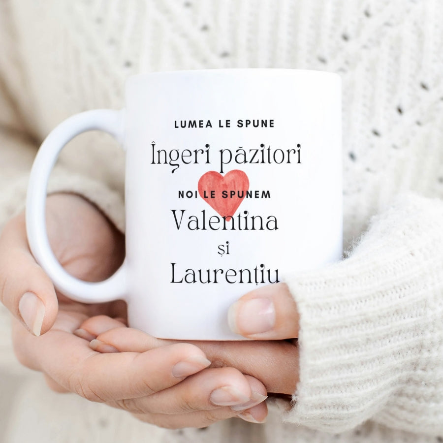 Cadou pentru nasii de cununie sau botez - Cana personalizata cu nume - Ingeri pazitori 2