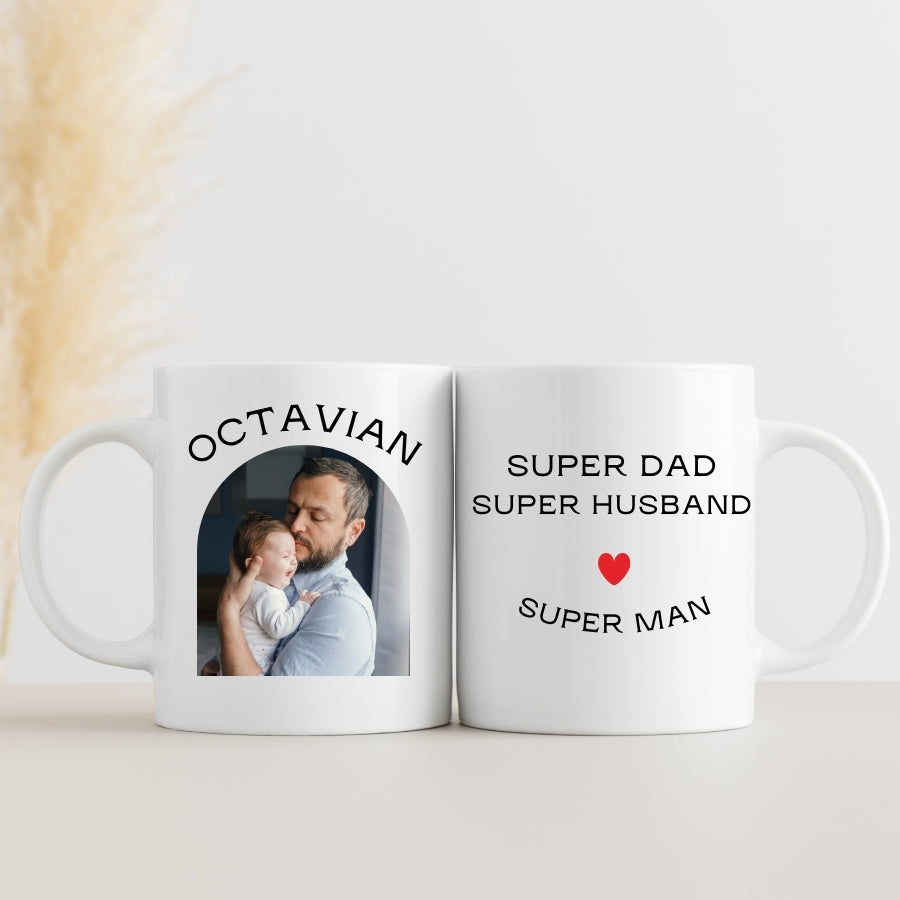 Cadou pentru tata sau sot - Cana personalizata cu poza si nume - Super man - ambele fete