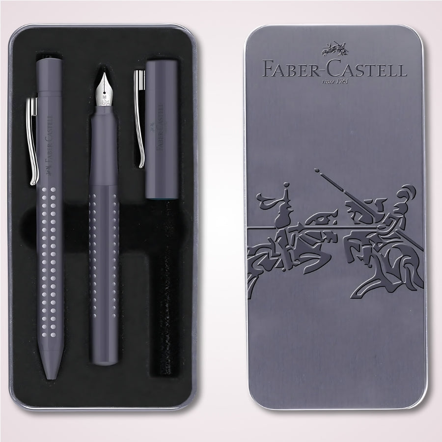 Cadou premium - Set elegant cu pix si stilou gri in cutie de metal Faber-Castell