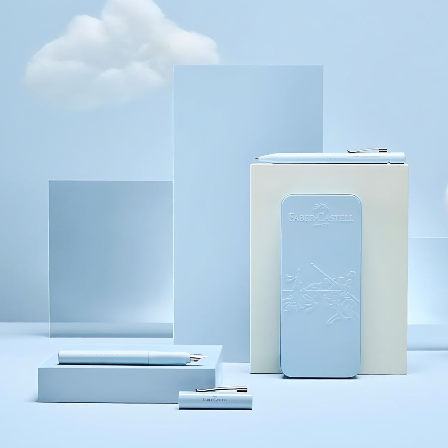 Cadou premium - Set elegant cu pix si stilou bleu ciel in cutie de metal Faber-Castell - abstract