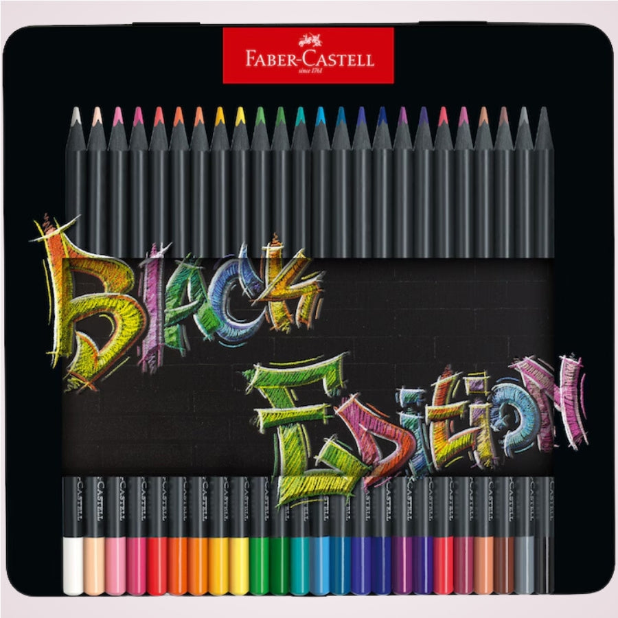 Set 24 creioane colorate din lemn negru in cutie de metal Faber-Castell