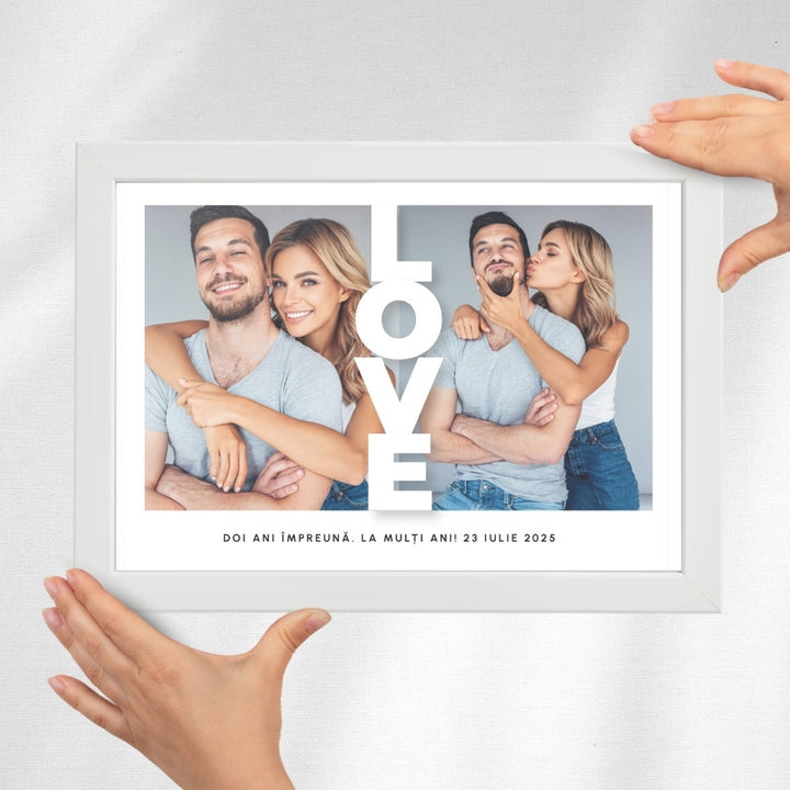 Cadou aniversare relatie - Tablou personalizat cu doua poze si text, format A4 - All The Love
