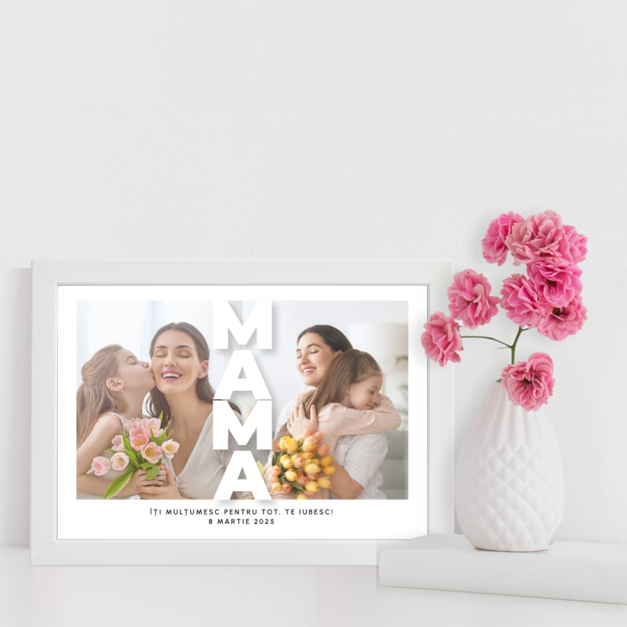 Cadou pentru mama de ziua ei, de Craciun sau de 8 martie - Tablou personalizat cu doua poze si text, format A4 - Best Mom Ever - decor cu flori