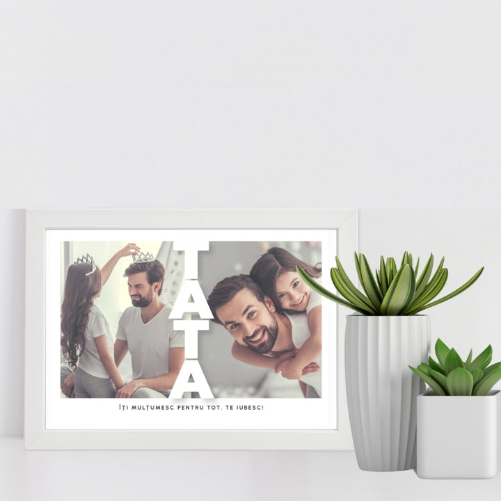 Cadou pentru tata de ziua lui sau de Craciun - Tablou personalizat cu doua poze si text, format A4 - Best Dad Ever - decor pe masa