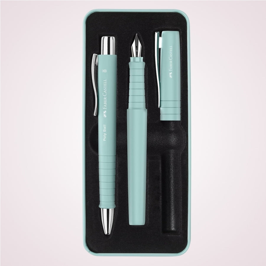 Cadou premium - Set cu stilou si pix in cutie de metal Poly Ball - Bleu Caraibe Faber-Castell