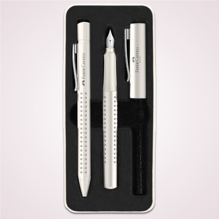 Cadou premium - Set elegant cu pix si stilou alb cocos in cutie de metal Faber-Castell