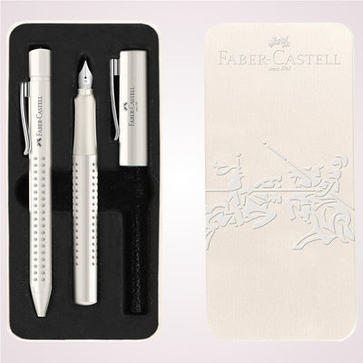 Cadou premium in cutie de metal cu capac - Set elegant cu pix si stilou alb cocos Faber-Castell