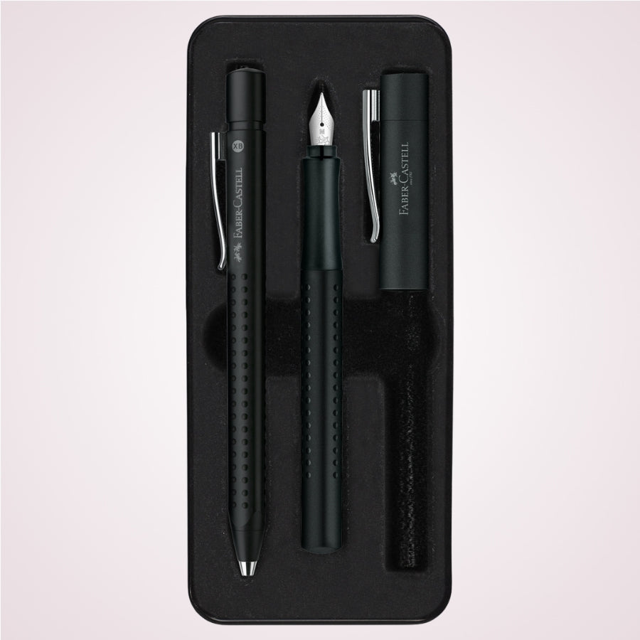 Cadou premium - Set elegant cu pix si stilou negru in cutie de metal Faber-Castell