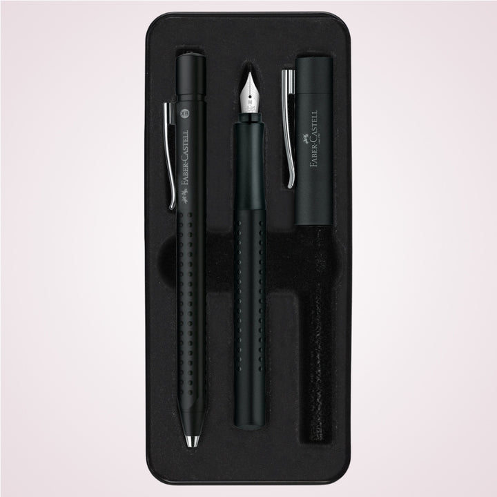 Cadou premium - Set elegant cu pix si stilou negru in cutie de metal Faber-Castell