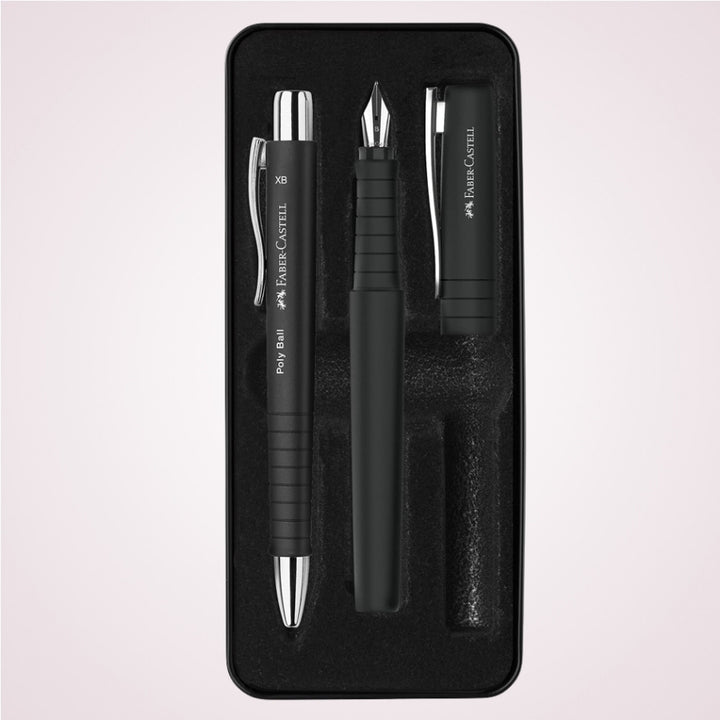 Cadou premium elegant – Set cu stilou si pix in cutie de metal Poly Ball – Midnight Black Faber‑Castell