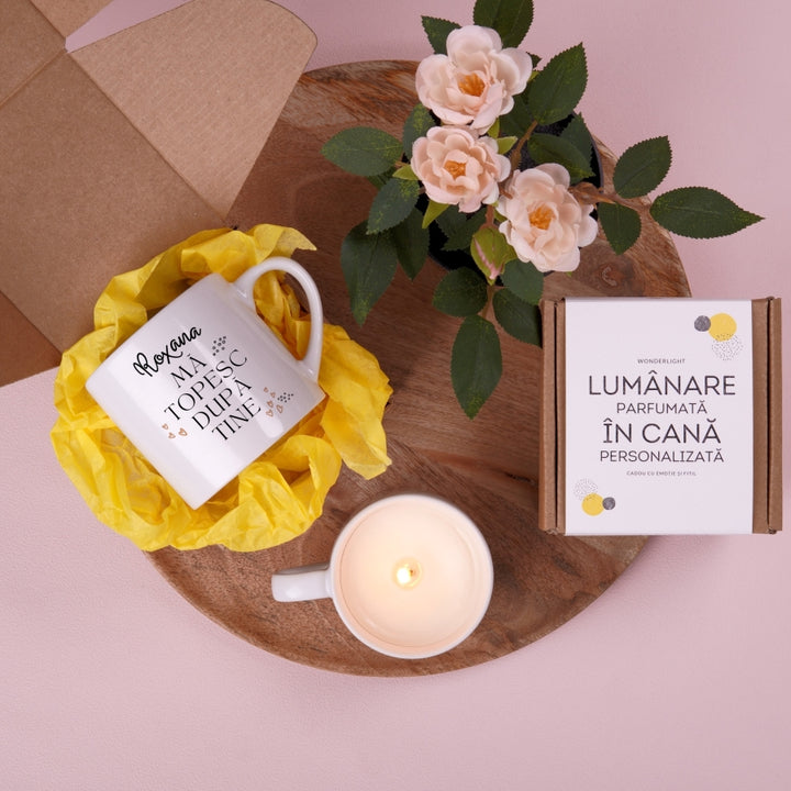 Cadou pentru iubita - Lumanare parfumata in cana personalizata - Ma topesc dupa tine - perspectiva