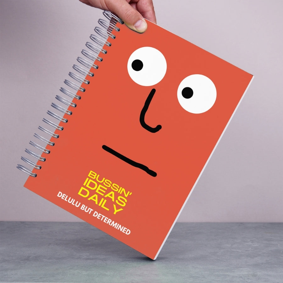 Caiet de scoala studentesc A4 universal multifunctional de liceu si gimnaziu pentru toate materiile, cu spirala, 200 file/400 pagini, deschidere 360°, dictando/matematica, cu planificator de teme si teste - Bussin Ideas - in mana