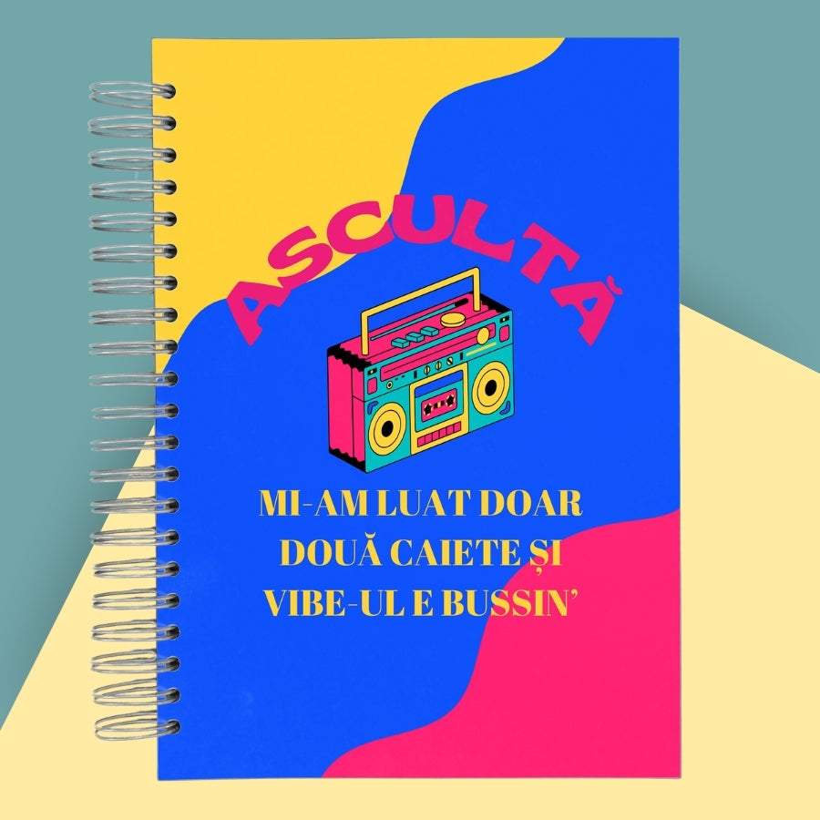 Caiet de scoala studentesc A4 universal multifunctional de liceu si gimnaziu pentru toate materiile, cu spirala, 200 file/400 pagini, deschidere 360°, dictando/matematica, cu planificator de teme si teste - Bussin Vibe