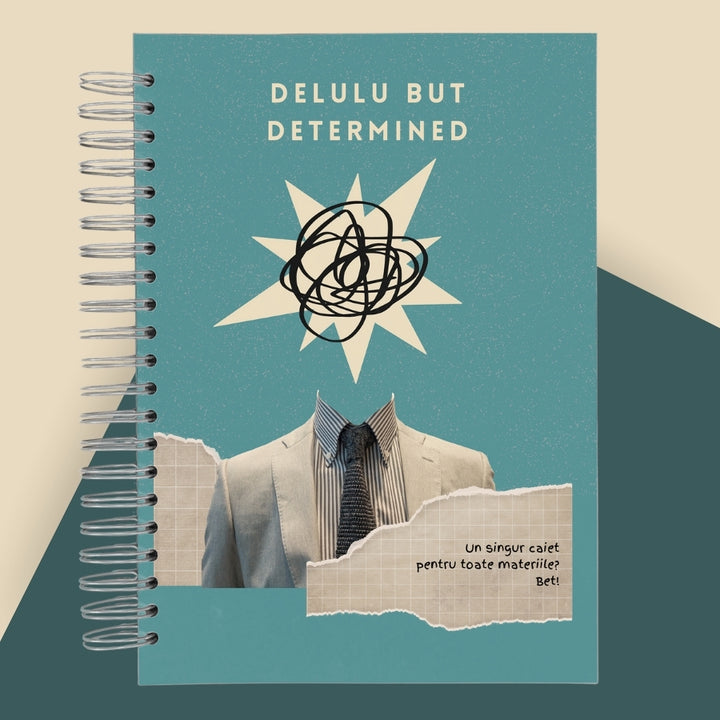 Caiet de scoala studentesc A4 universal multifunctional de liceu si gimnaziu pentru toate materiile, cu spirala, 200 file/400 pagini, deschidere 360°, dictando/matematica, cu planificator de teme si teste - Delulu But Determined