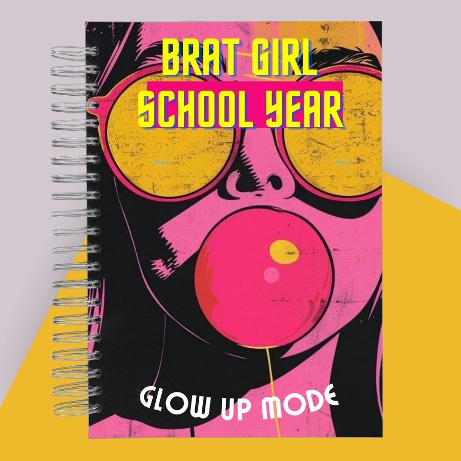 Caiet de scoala studentesc A4 universal multifunctional de liceu si gimnaziu pentru toate materiile, cu spirala, 200 file/400 pagini, deschidere 360°, dictando/matematica, cu planificator de teme si teste - Glow Up Mode