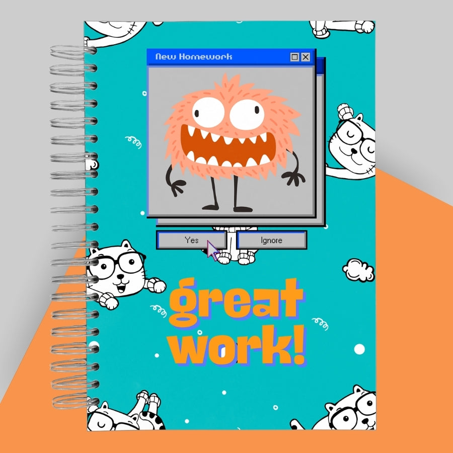 Caiet de scoala studentesc A4 universal multifunctional de liceu si gimnaziu pentru toate materiile, cu spirala, 200 file/400 pagini, deschidere 360°, dictando/matematica, cu planificator de teme si teste - Great Work