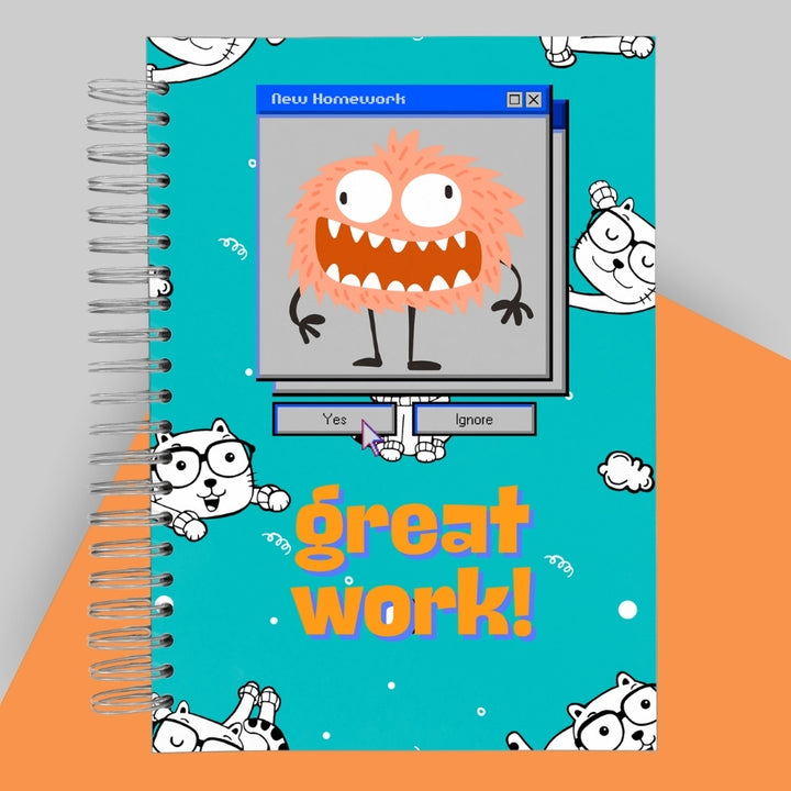 Caiet de scoala studentesc A4 universal multifunctional de liceu si gimnaziu pentru toate materiile, cu spirala, 200 file/400 pagini, deschidere 360°, dictando/matematica, cu planificator de teme si teste - Great Work
