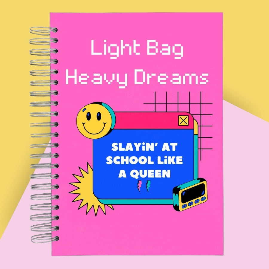 Caiet de scoala studentesc A4 universal multifunctional de liceu si gimnaziu pentru toate materiile, cu spirala, 200 file/400 pagini, deschidere 360°, dictando/matematica, cu planificator de teme si teste - Heavy Dreams