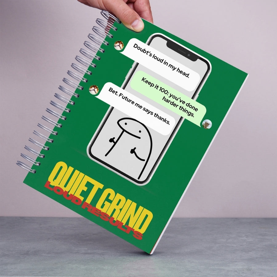 Caiet de scoala studentesc A4 universal multifunctional de liceu si gimnaziu pentru toate materiile, cu spirala, 200 file/400 pagini, deschidere 360°, dictando/matematica, cu planificator de teme si teste - Loud Results - in mana