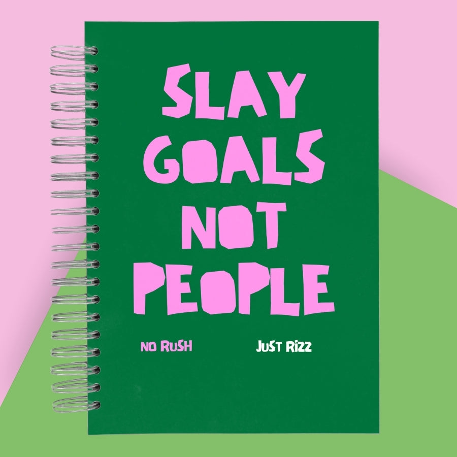 Caiet de scoala studentesc A4 universal multifunctional de liceu si gimnaziu pentru toate materiile, cu spirala, 200 file/400 pagini, deschidere 360°, dictando/matematica, cu planificator de teme si teste - Slay Goals