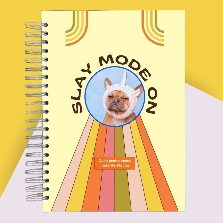 Caiet de scoala studentesc A4 universal multifunctional de liceu si gimnaziu pentru toate materiile, cu spirala, 200 file/400 pagini, deschidere 360°, dictando/matematica, cu planificator de teme si teste - Slay Mode On