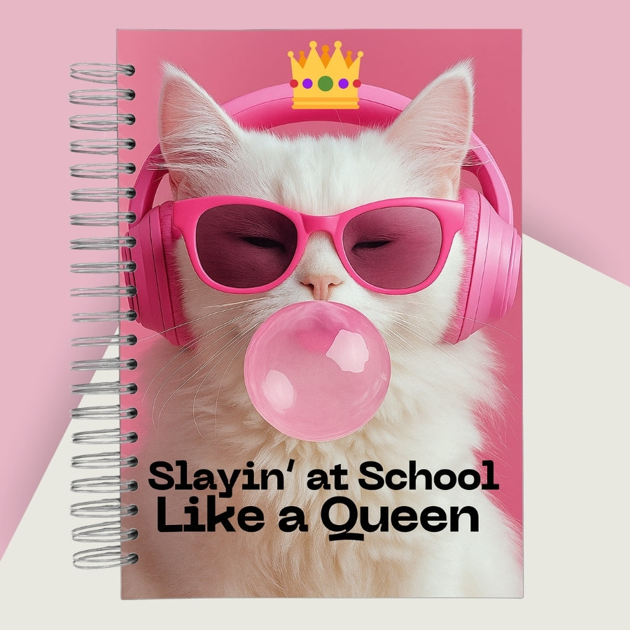 Caiet de scoala studentesc A4 universal multifunctional de liceu si gimnaziu pentru toate materiile, cu spirala, 200 file/400 pagini, deschidere 360°, dictando/matematica, cu planificator de teme si teste - Slay Queen