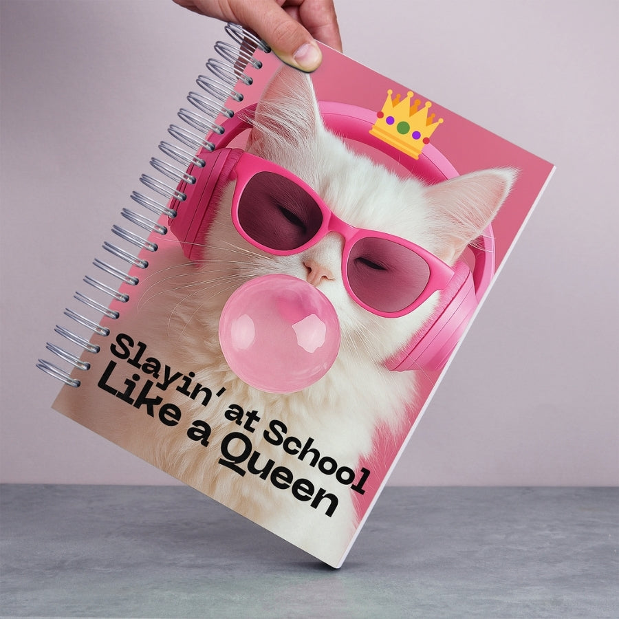 Caiet de scoala studentesc A4 universal multifunctional de liceu si gimnaziu pentru toate materiile, cu spirala, 200 file/400 pagini, deschidere 360°, dictando/matematica, cu planificator de teme si teste - Slay Queen - in mana