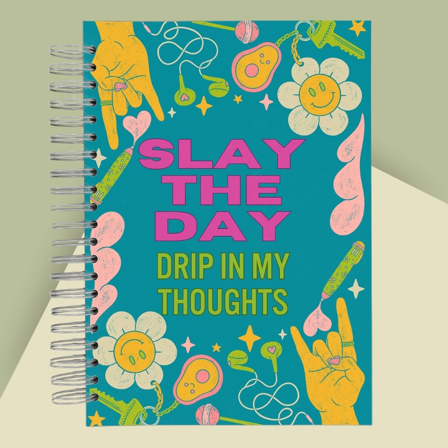 Caiet de scoala studentesc A4 universal multifunctional de liceu si gimnaziu pentru toate materiile, cu spirala, 200 file/400 pagini, deschidere 360°, dictando/matematica, cu planificator de teme si teste - Slay The Day