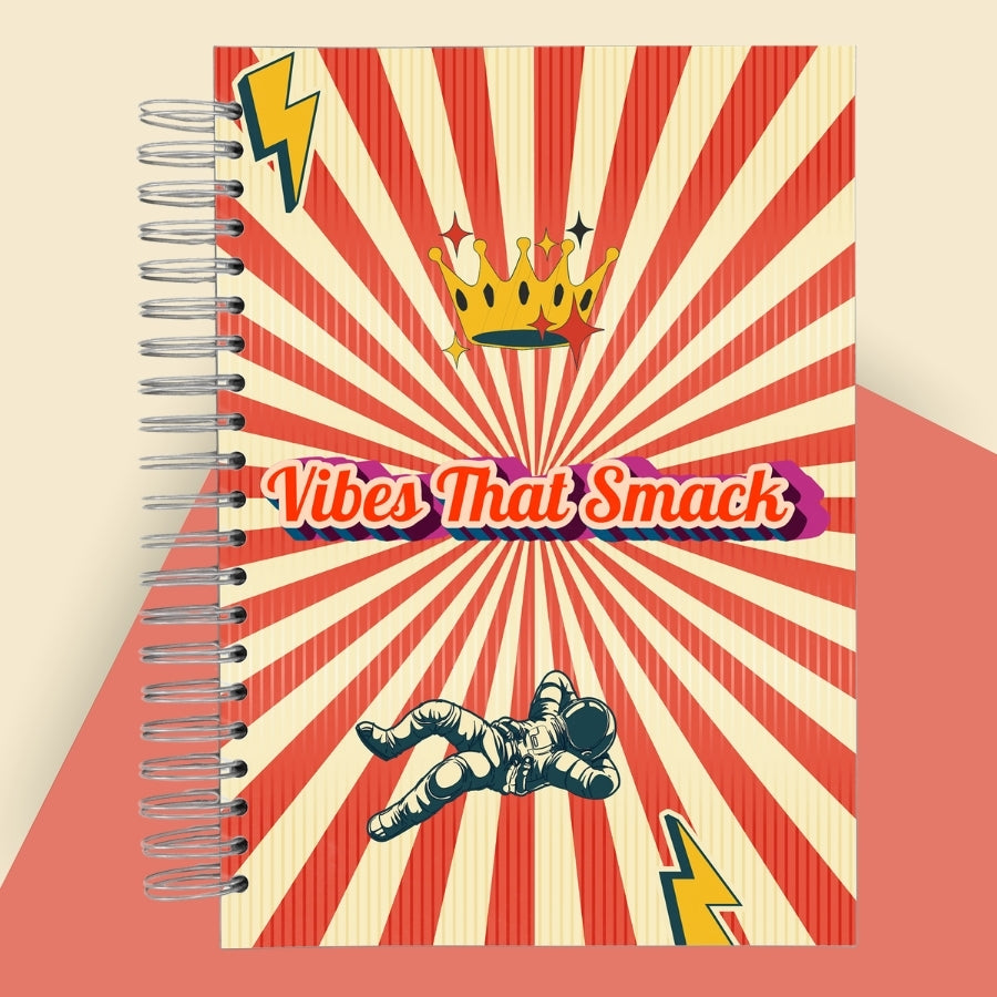 Caiet de scoala studentesc A4 universal multifunctional de liceu si gimnaziu pentru toate materiile, cu spirala, 200 file/400 pagini, deschidere 360°, dictando/matematica, cu planificator de teme si teste - Vibes that smack