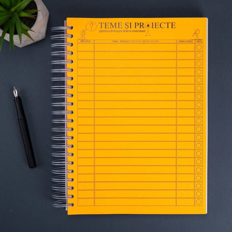 Caiet de scoala studentesc A4 universal multifunctional de liceu si gimnaziu pentru toate materiile, cu spirala, 200 file/400 pagini, deschidere 360°, dictando/matematica, cu planificator de teme si teste - teme si proiecte