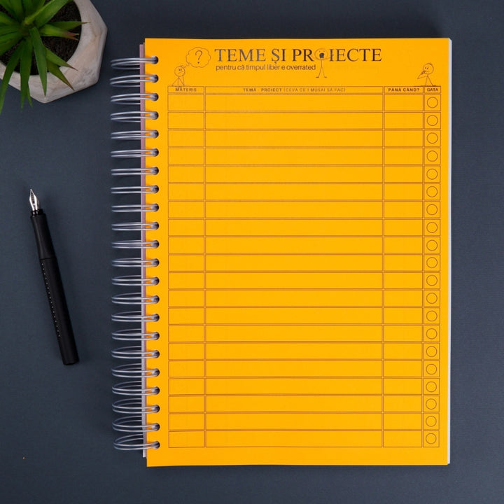 Caiet de scoala studentesc A4 universal multifunctional de liceu si gimnaziu pentru toate materiile, cu spirala, 200 file/400 pagini, deschidere 360°, dictando/matematica, cu planificator de teme si teste - teme si proiecte