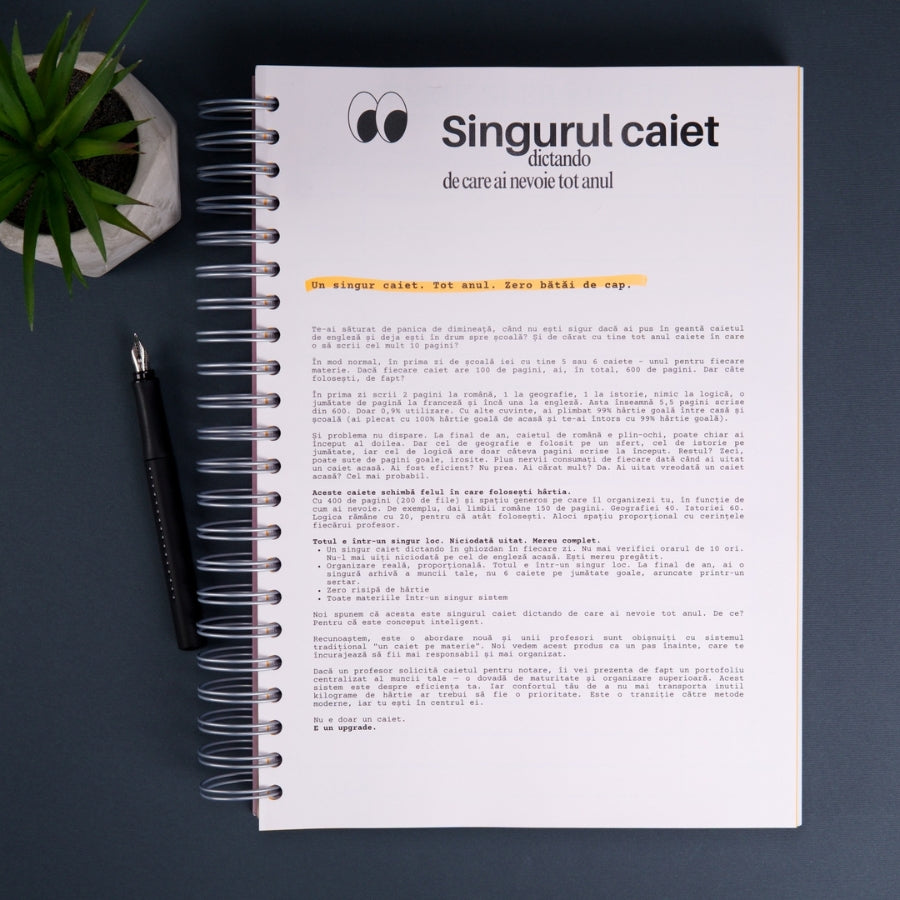 Caiet de scoala studentesc A4 universal multifunctional de liceu si gimnaziu pentru toate materiile, cu spirala, 200 file/400 pagini, deschidere 360°, dictando/matematica, cu planificator de teme si teste - prima pagina