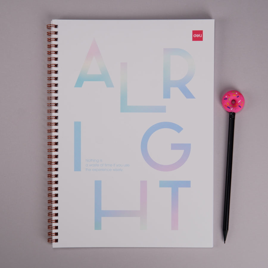 Caiet studentesc A4 cu spira, 60 file, dictando, coperta carton diverse culori si mesaje - Deli - Crem ALRIGHT