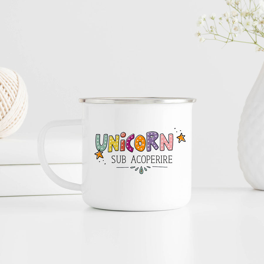 Cana metalica emailata cadou personalizat pentru copii - Undercover Unicorn-reverse