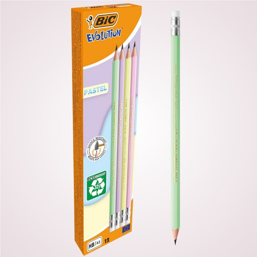 Cutie cu 12 creioane grafit HB cu guma eco evolution, corp in 4 culori pastel - BIC