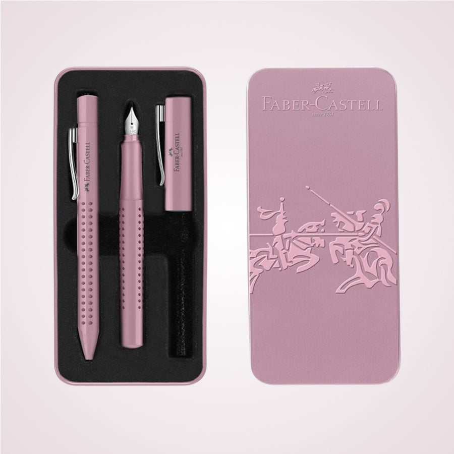 Cutie de metal set cadou pentru femei - Pix si stilou rose Faber-Castell