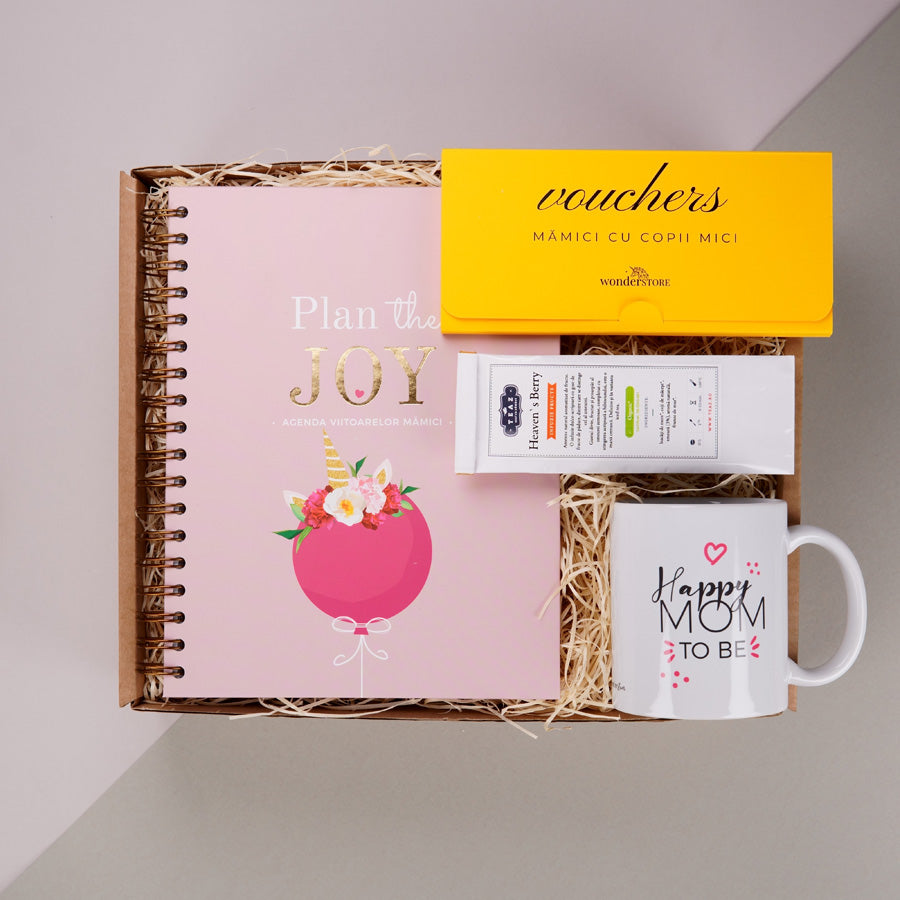 Pachet cadou pentru gravide cu Agenda de Sarcina Plan the Joy - Happy Mom To Be - prezentare produse - in cutie