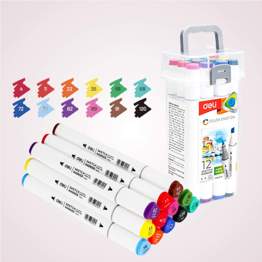 Set 12 markere colorate cu varf dublu rotund 1mm / tesit 7 mm - Color Emotion
