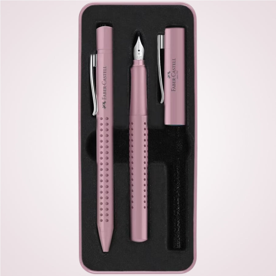 Set cadou pentru femei - Pix si stilou rose in cutie eleganta de metal Faber-Castell