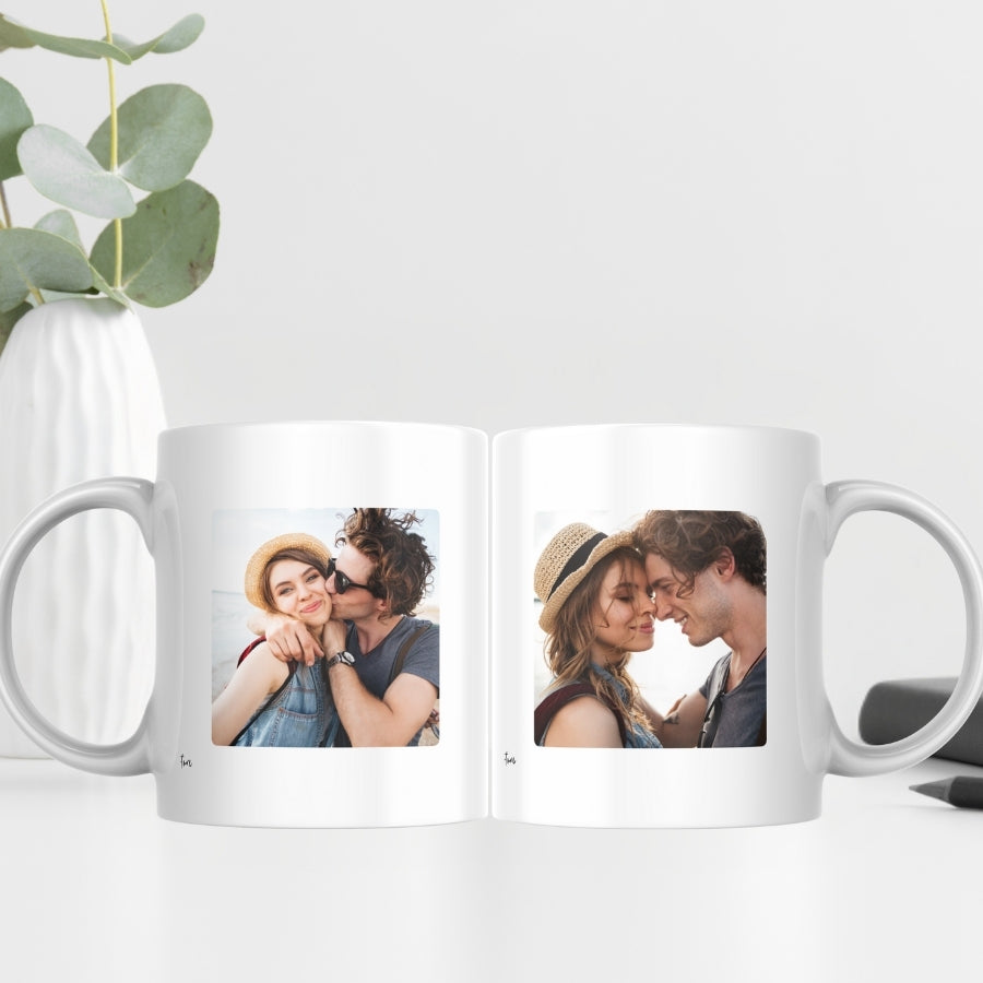 Cadou pentru aniversare de casatorie - Set de cani personalizate cu poze si nume - Domnul & Doamna - fata cu poze