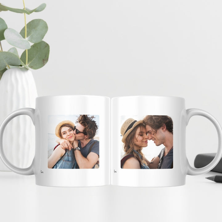 Cadou pentru aniversare de casatorie - Set de cani personalizate cu poze si nume - Domnul & Doamna - fata cu poze