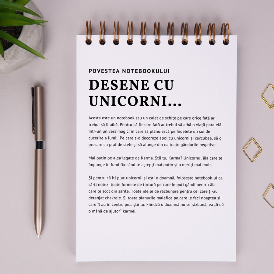 Notebook si caiet de schite pentru femei - Desene cu unicorni si planuri de razbunare - povestea notebook-ului