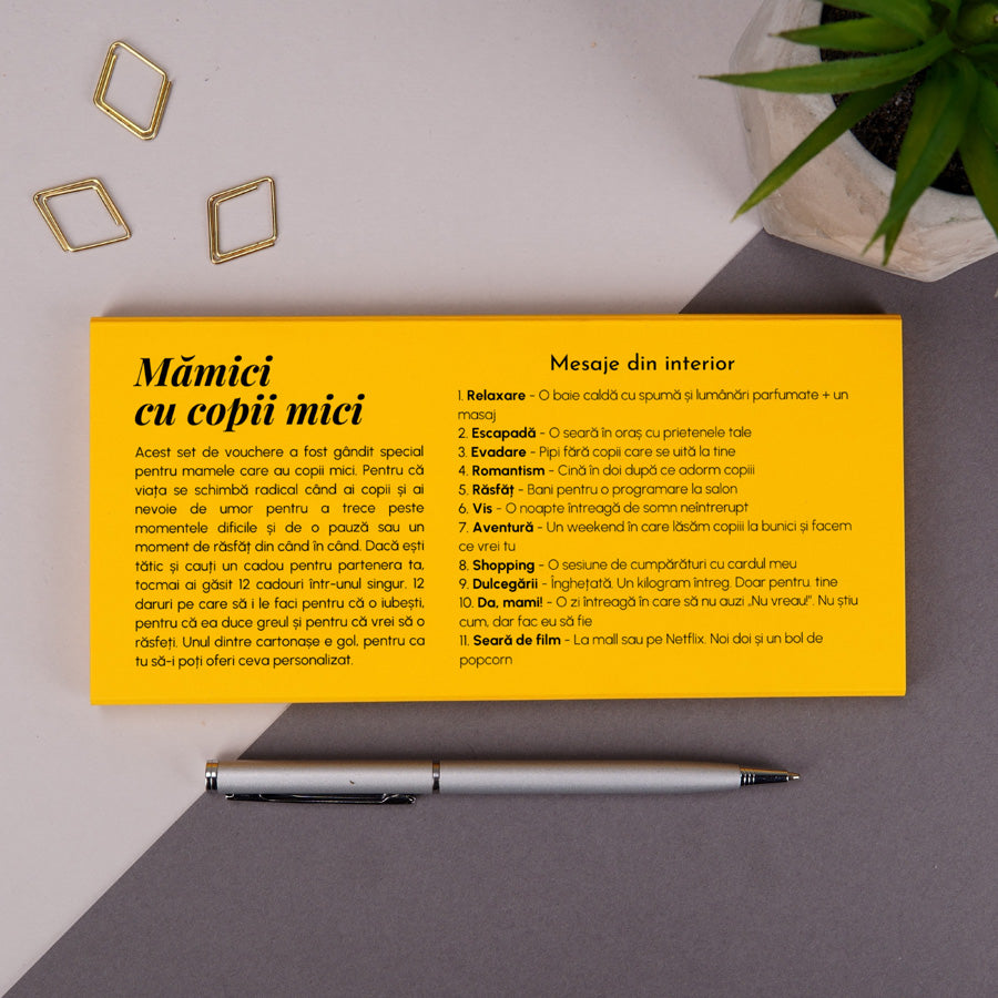 Set 12 cupoane cadou pentru sotie - Vouchere pentru mamici cu copii mici - spatele cutiei de vouchere