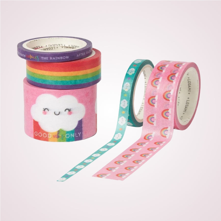 Set de 5 benzi adezive pentru hartie tip washi tape, diverse dimensiuni - Curcubeu - detaliu