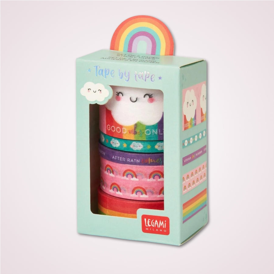 Set de 5 benzi adezive pentru hartie tip washi tape, diverse dimensiuni - Curcubeu - in cutie